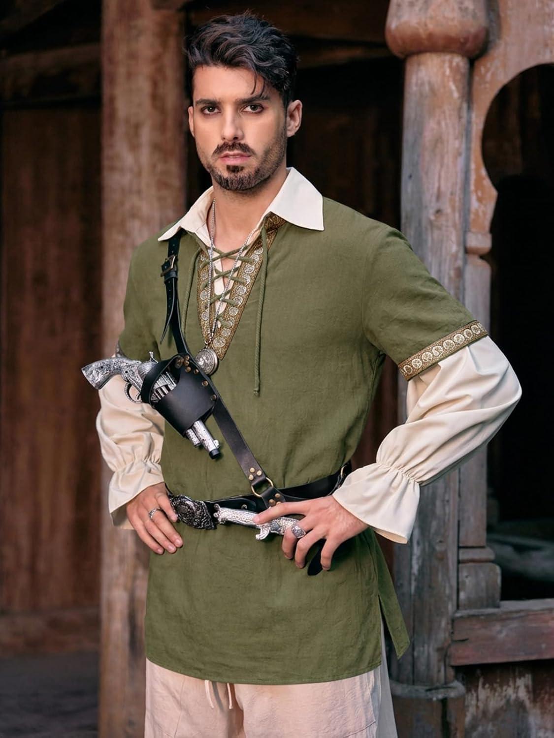 imageRuncati Mens Medieval Pirate Shirt Cotton Lace Up Renaissance Shirts Viking Retro Scottish Halloween Costume TopsArmy Green