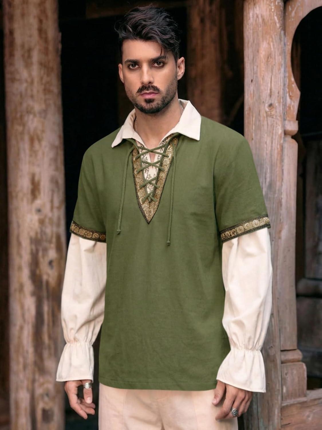 imageRuncati Mens Medieval Pirate Shirt Cotton Lace Up Renaissance Shirts Viking Retro Scottish Halloween Costume TopsArmy Green