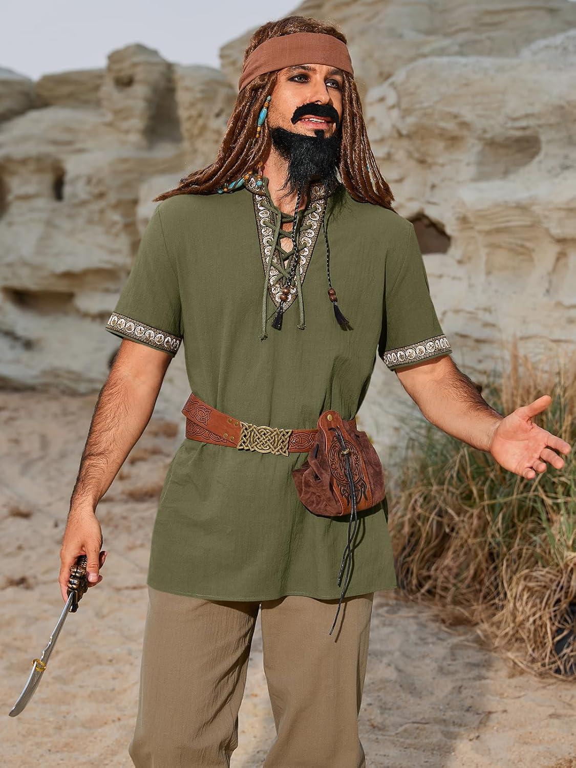 imageRuncati Mens Medieval Pirate Shirt Cotton Lace Up Renaissance Shirts Viking Retro Scottish Halloween Costume TopsArmy Green