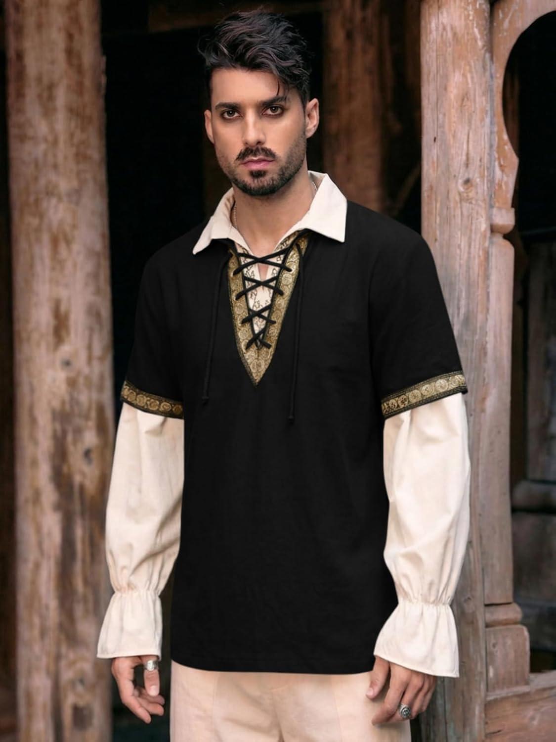 imageRuncati Mens Medieval Pirate Shirt Cotton Lace Up Renaissance Shirts Viking Retro Scottish Halloween Costume TopsBlack