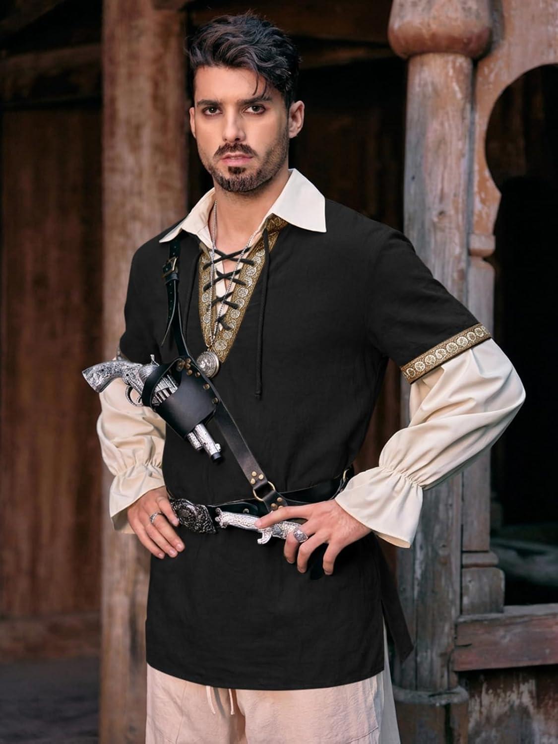 imageRuncati Mens Medieval Pirate Shirt Cotton Lace Up Renaissance Shirts Viking Retro Scottish Halloween Costume TopsBlack
