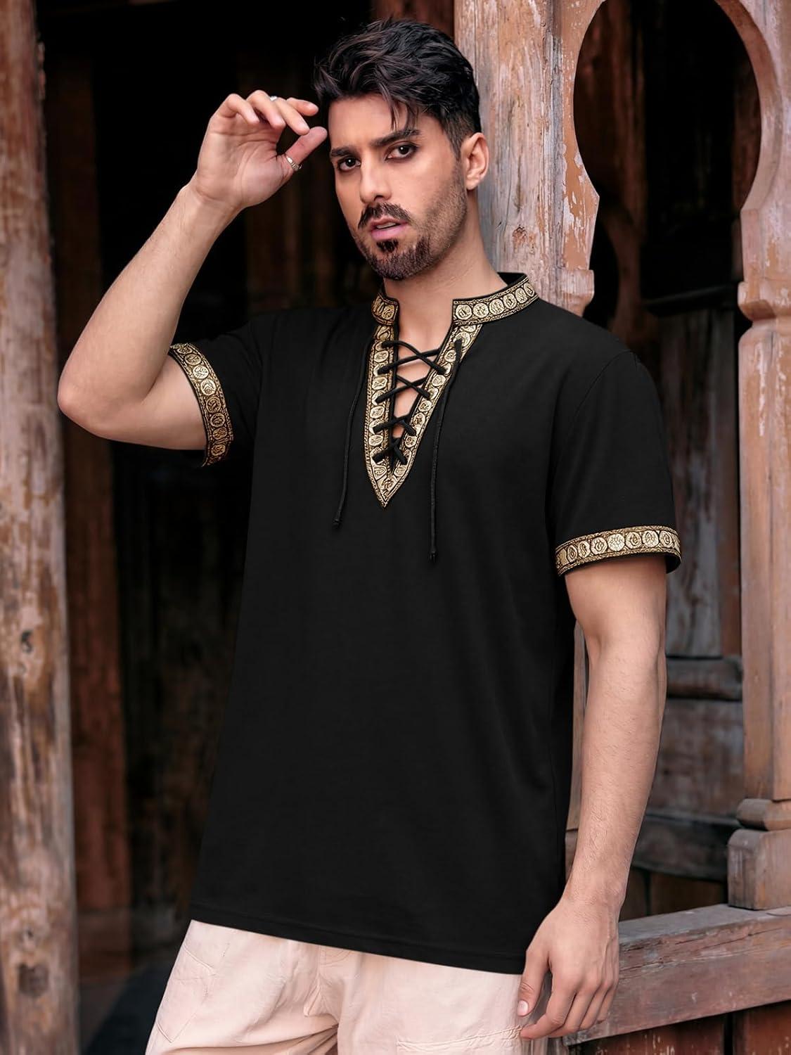 imageRuncati Mens Medieval Pirate Shirt Cotton Lace Up Renaissance Shirts Viking Retro Scottish Halloween Costume TopsBlack