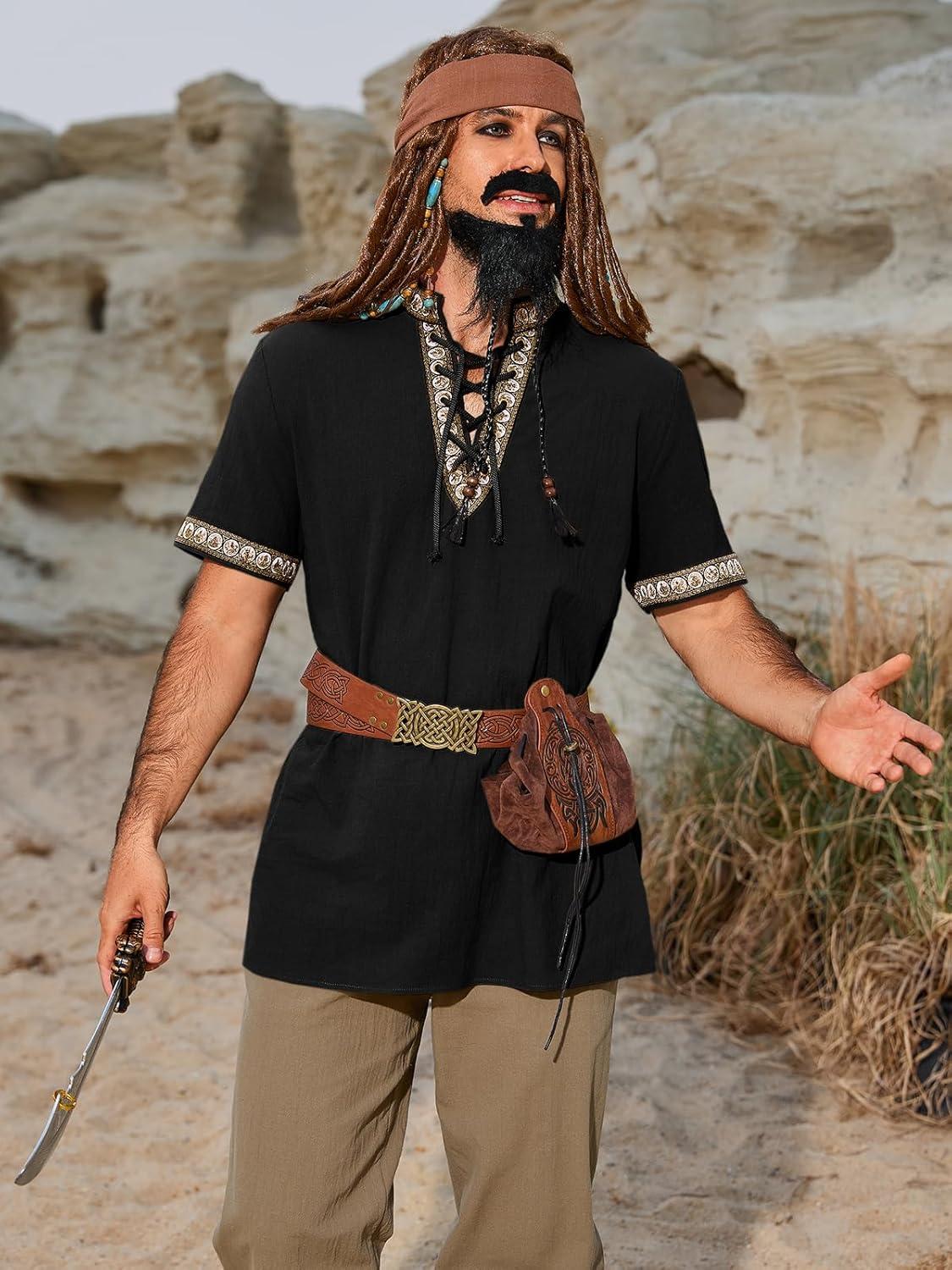 imageRuncati Mens Medieval Pirate Shirt Cotton Lace Up Renaissance Shirts Viking Retro Scottish Halloween Costume TopsBlack