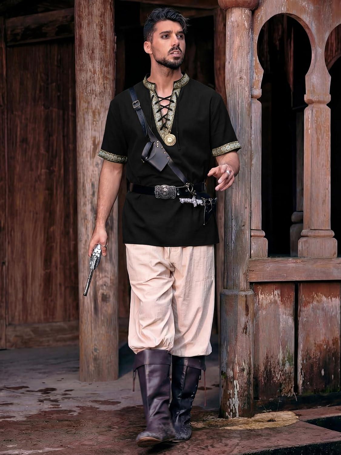 imageRuncati Mens Medieval Pirate Shirt Cotton Lace Up Renaissance Shirts Viking Retro Scottish Halloween Costume TopsBlack