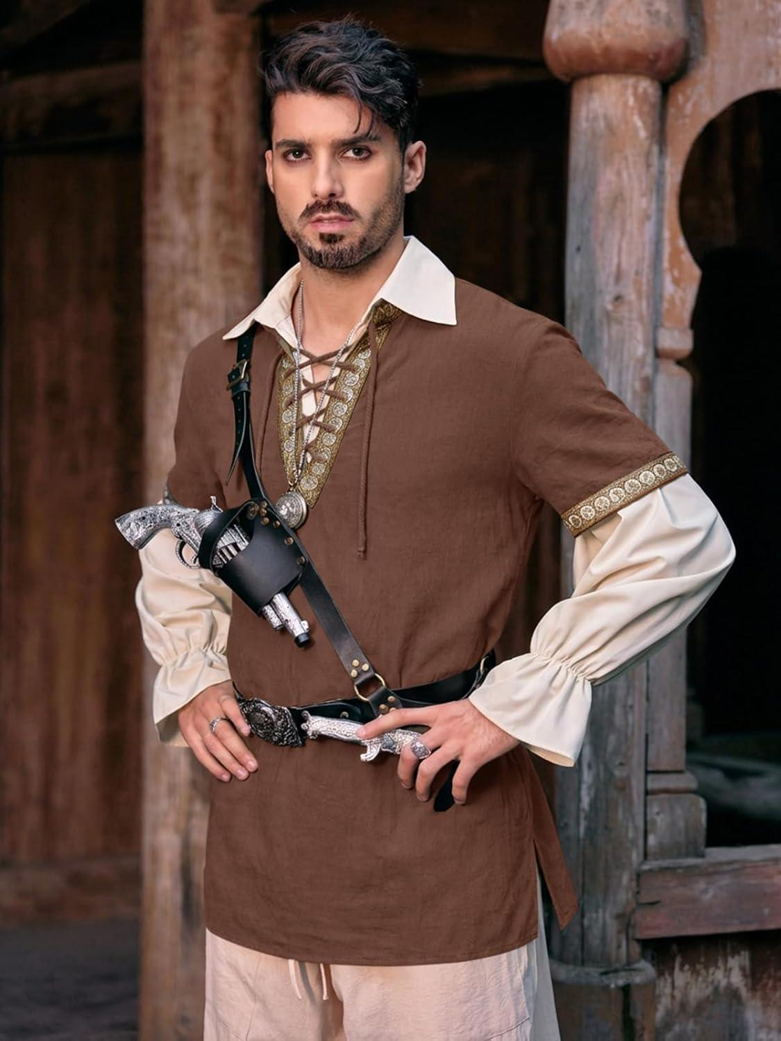 imageRuncati Mens Medieval Pirate Shirt Cotton Lace Up Renaissance Shirts Viking Retro Scottish Halloween Costume TopsCoffee