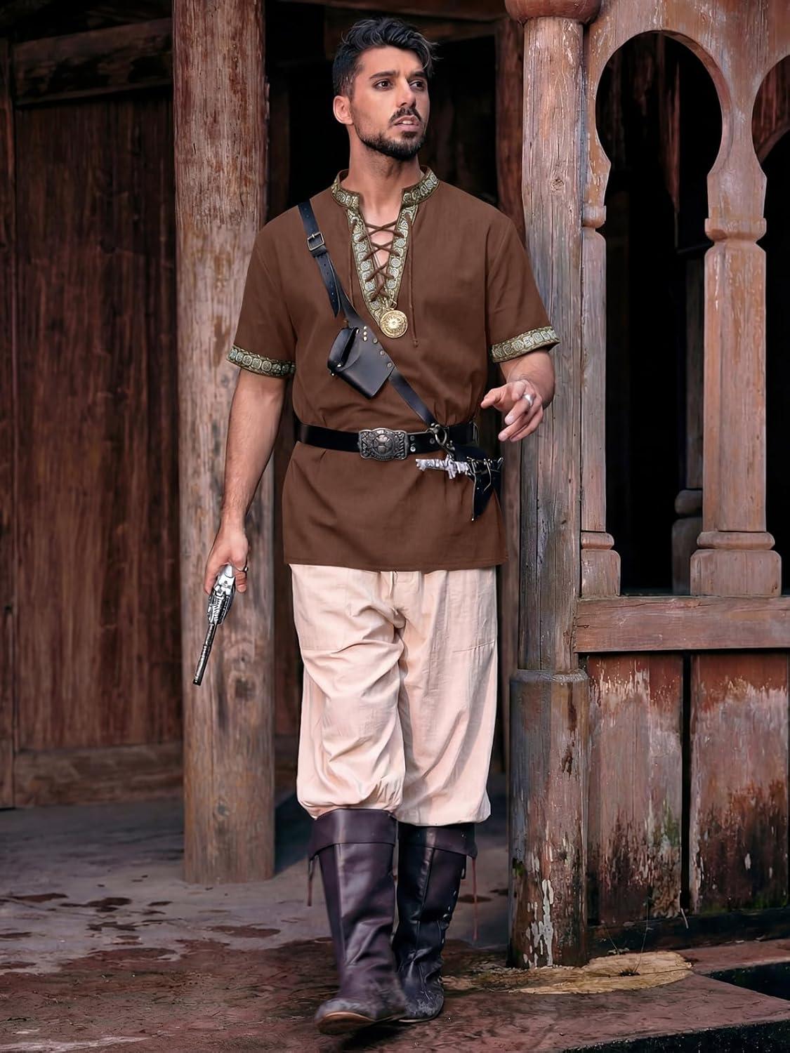 imageRuncati Mens Medieval Pirate Shirt Cotton Lace Up Renaissance Shirts Viking Retro Scottish Halloween Costume TopsCoffee