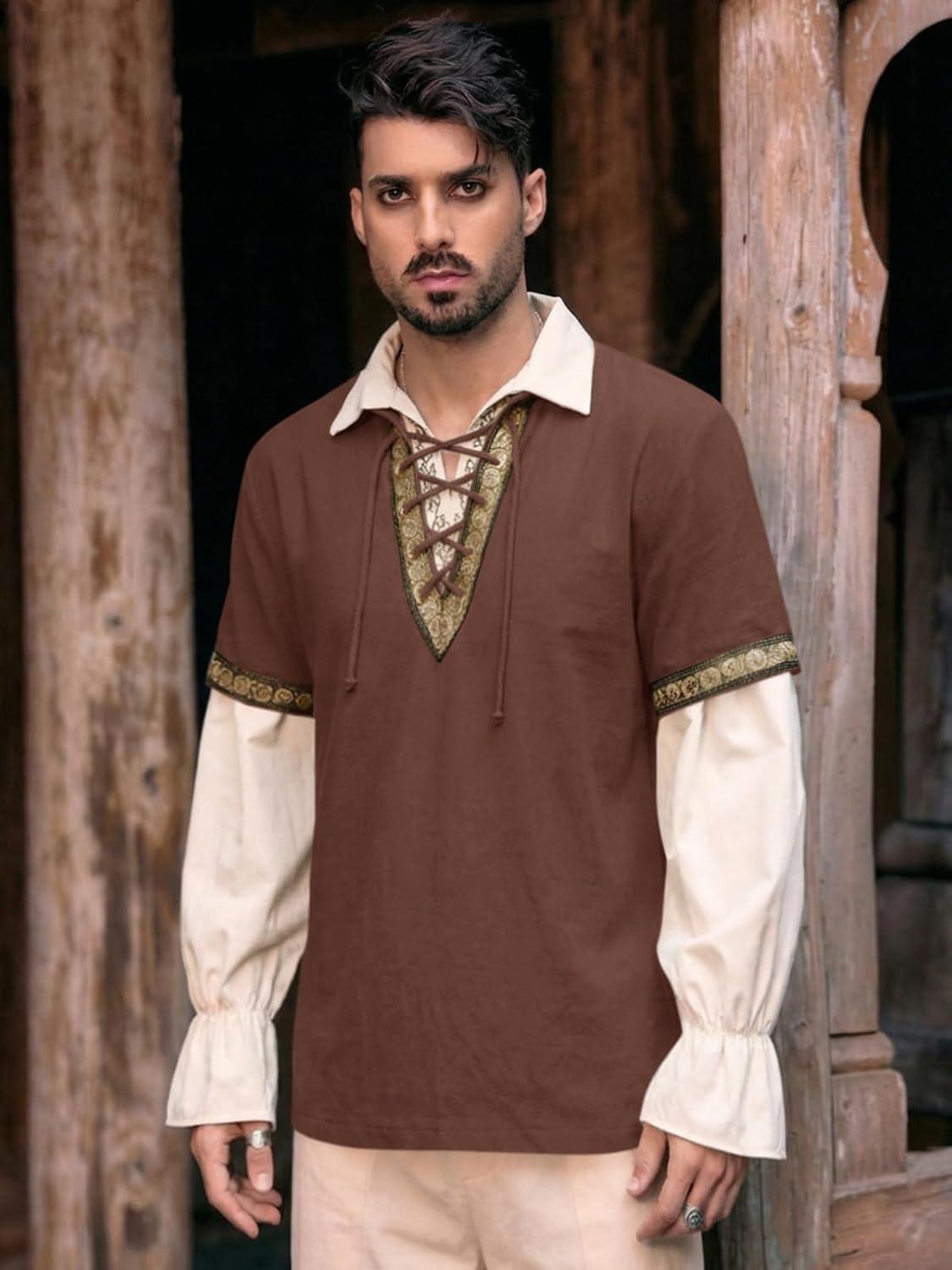 imageRuncati Mens Medieval Pirate Shirt Cotton Lace Up Renaissance Shirts Viking Retro Scottish Halloween Costume TopsCoffee