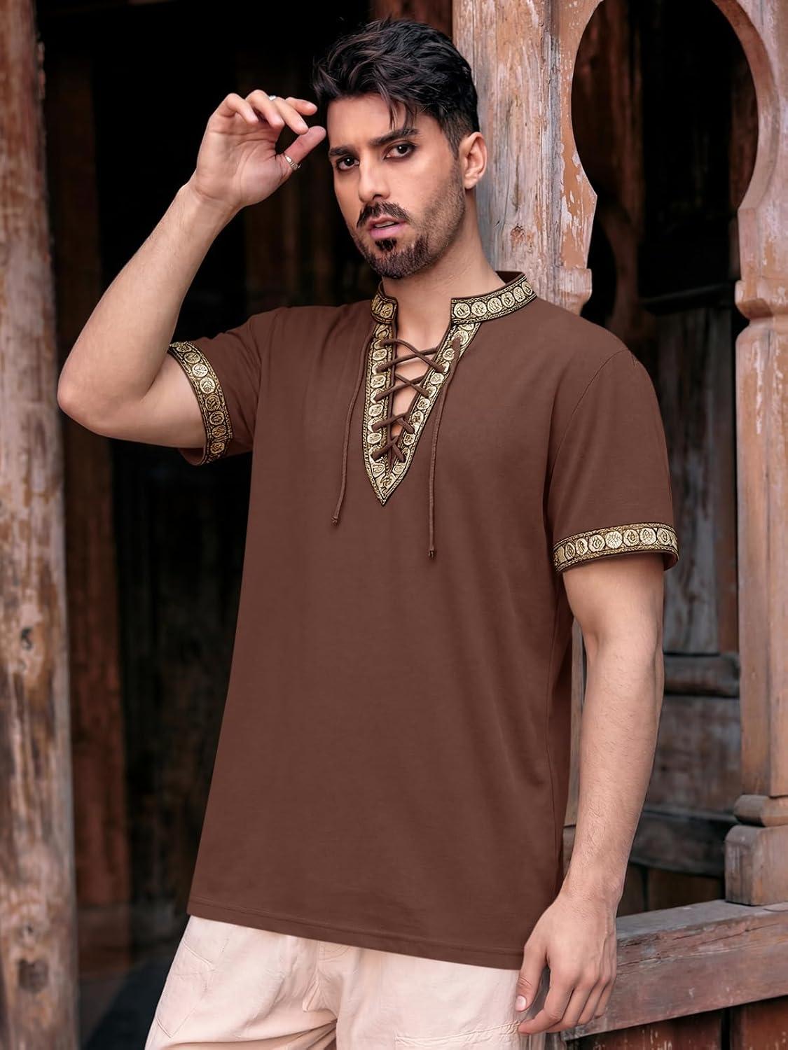 imageRuncati Mens Medieval Pirate Shirt Cotton Lace Up Renaissance Shirts Viking Retro Scottish Halloween Costume TopsCoffee