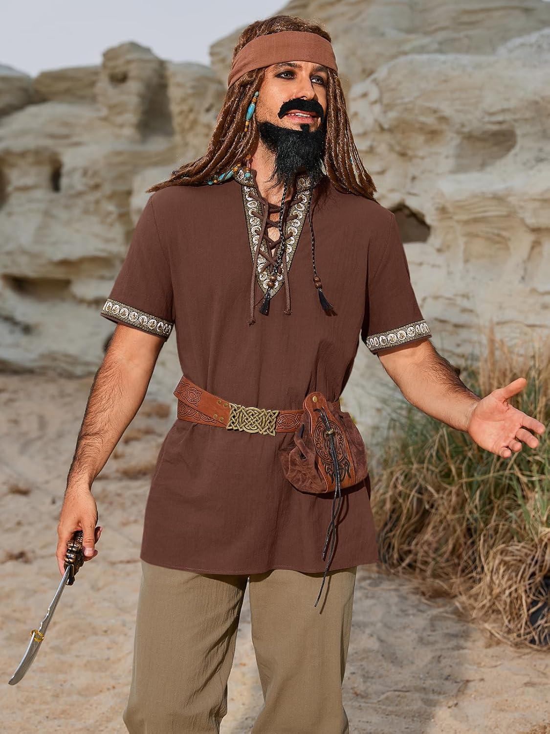 imageRuncati Mens Medieval Pirate Shirt Cotton Lace Up Renaissance Shirts Viking Retro Scottish Halloween Costume TopsCoffee