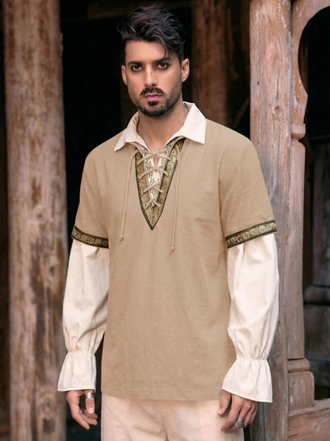 imageRuncati Mens Medieval Pirate Shirt Cotton Lace Up Renaissance Shirts Viking Retro Scottish Halloween Costume TopsKhaki