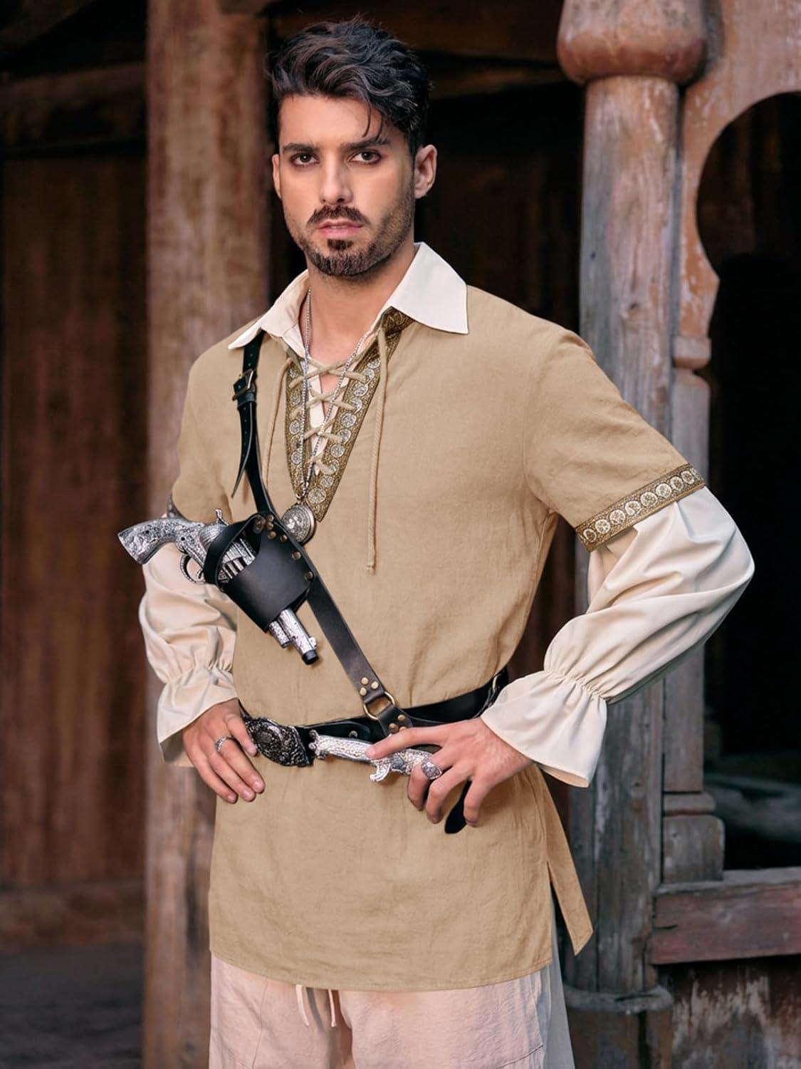 imageRuncati Mens Medieval Pirate Shirt Cotton Lace Up Renaissance Shirts Viking Retro Scottish Halloween Costume TopsKhaki