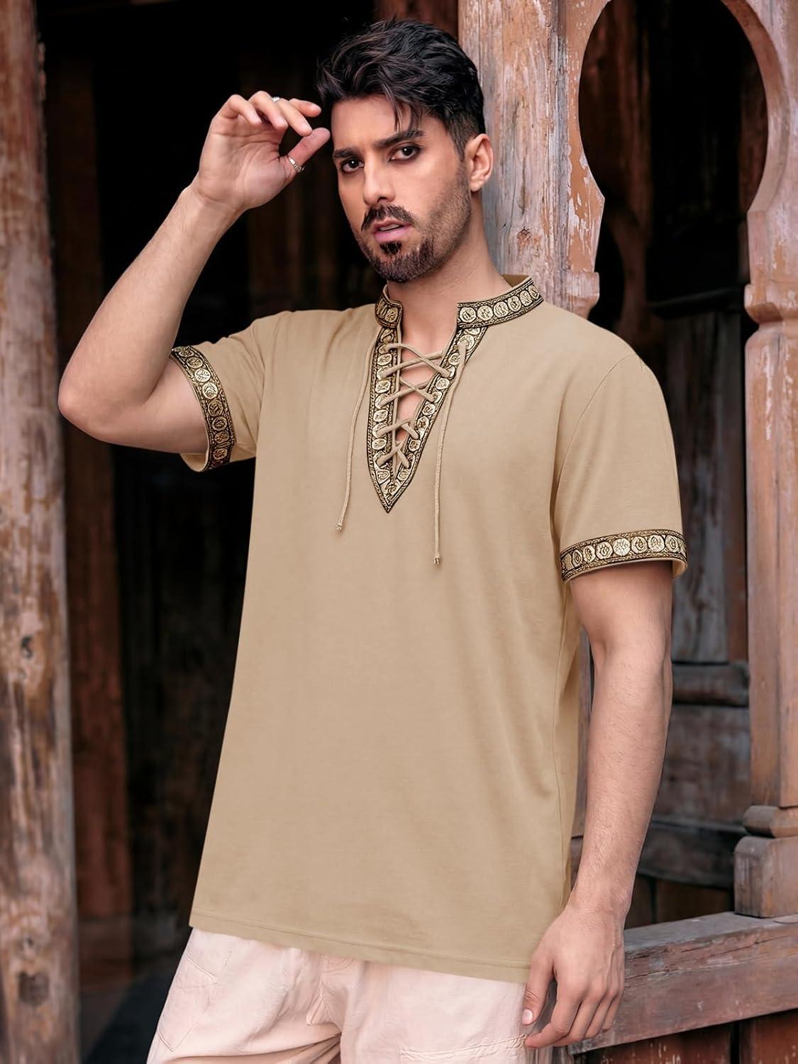 imageRuncati Mens Medieval Pirate Shirt Cotton Lace Up Renaissance Shirts Viking Retro Scottish Halloween Costume TopsKhaki