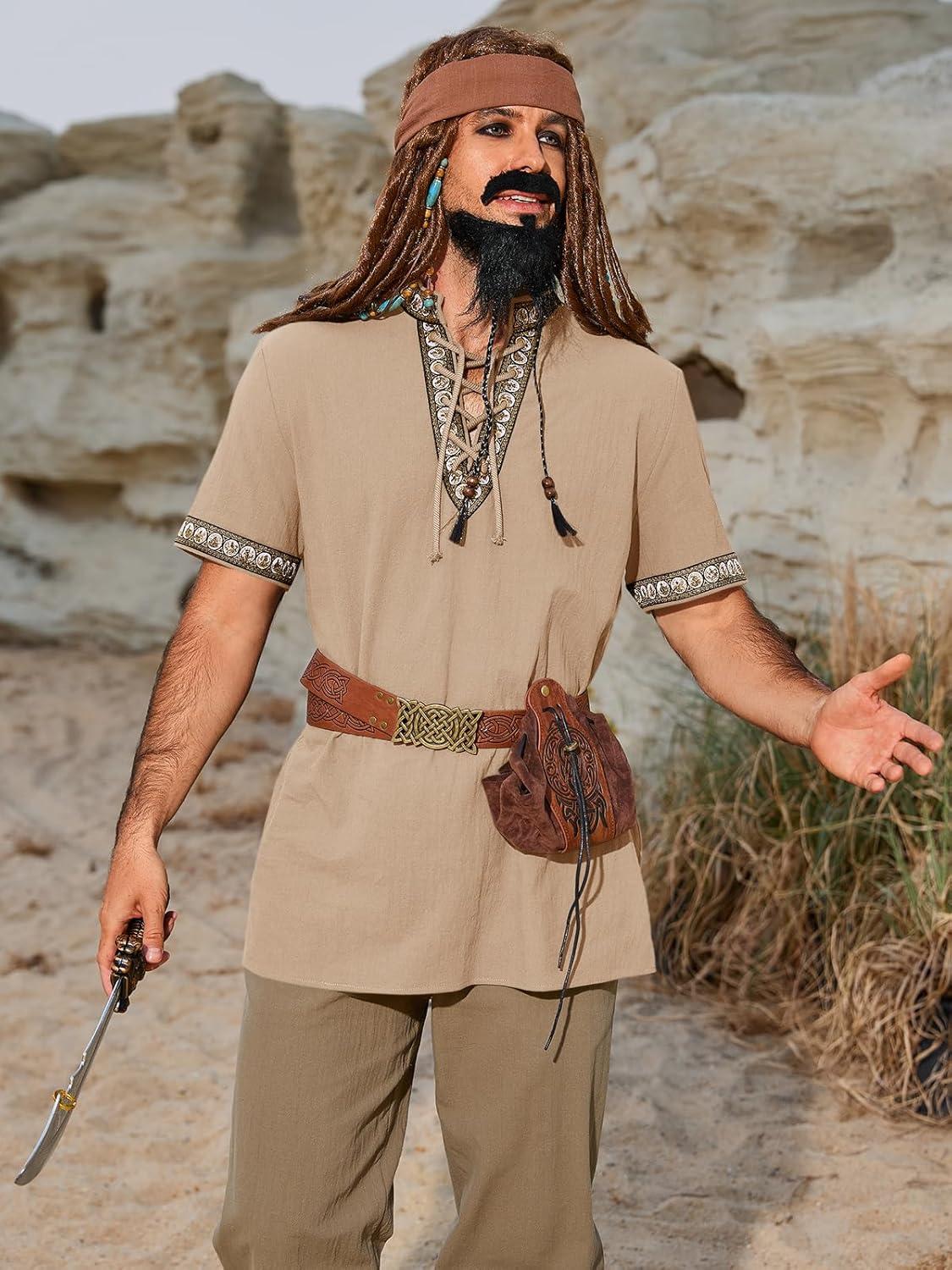 imageRuncati Mens Medieval Pirate Shirt Cotton Lace Up Renaissance Shirts Viking Retro Scottish Halloween Costume TopsKhaki