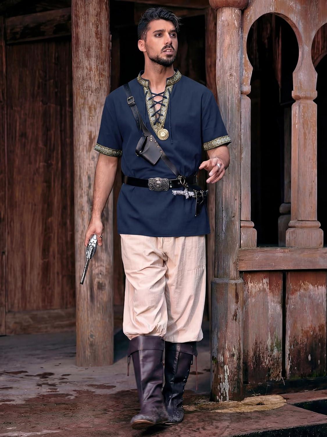 imageRuncati Mens Medieval Pirate Shirt Cotton Lace Up Renaissance Shirts Viking Retro Scottish Halloween Costume TopsNavy