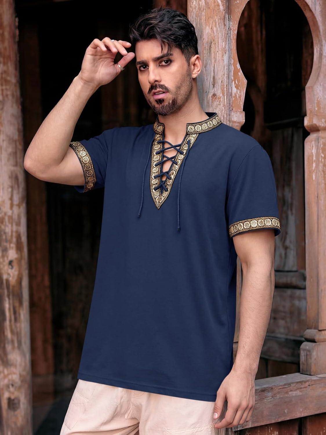 imageRuncati Mens Medieval Pirate Shirt Cotton Lace Up Renaissance Shirts Viking Retro Scottish Halloween Costume TopsNavy