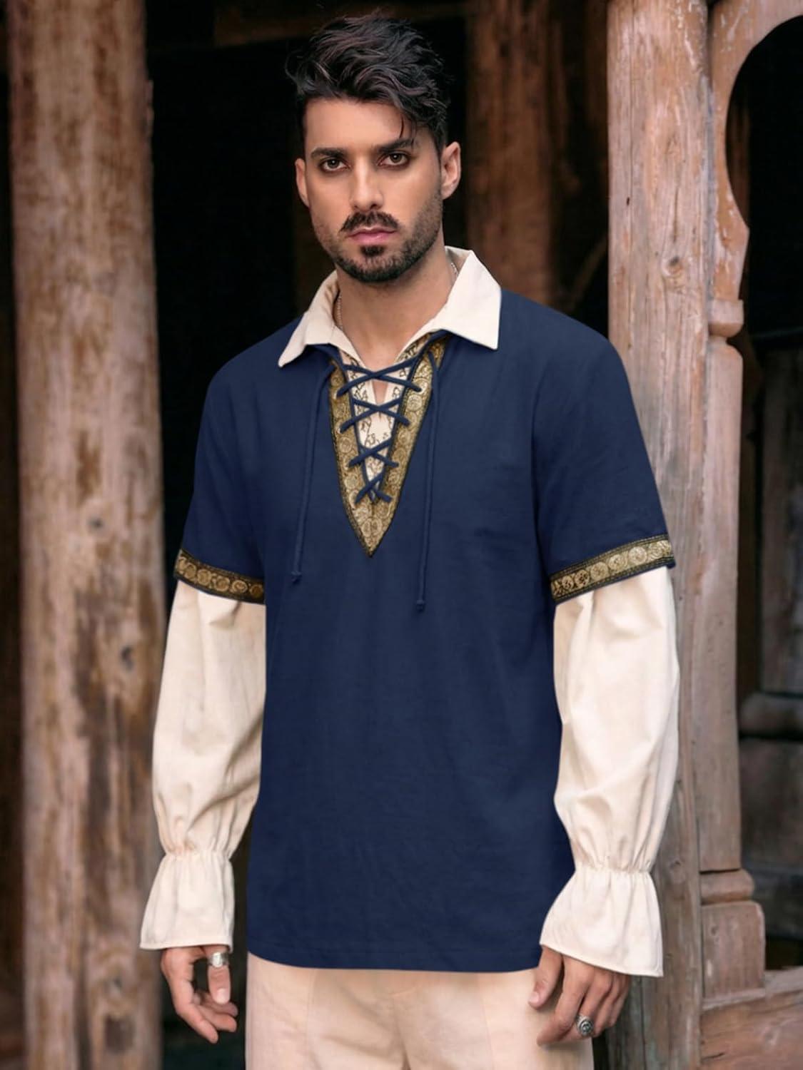 imageRuncati Mens Medieval Pirate Shirt Cotton Lace Up Renaissance Shirts Viking Retro Scottish Halloween Costume TopsNavy