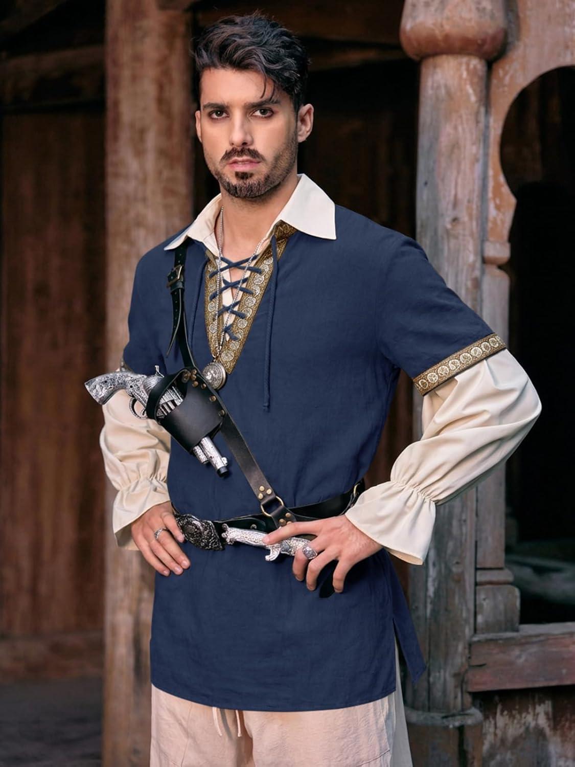 imageRuncati Mens Medieval Pirate Shirt Cotton Lace Up Renaissance Shirts Viking Retro Scottish Halloween Costume TopsNavy