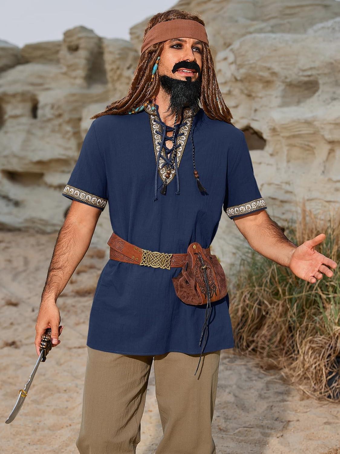 imageRuncati Mens Medieval Pirate Shirt Cotton Lace Up Renaissance Shirts Viking Retro Scottish Halloween Costume TopsNavy