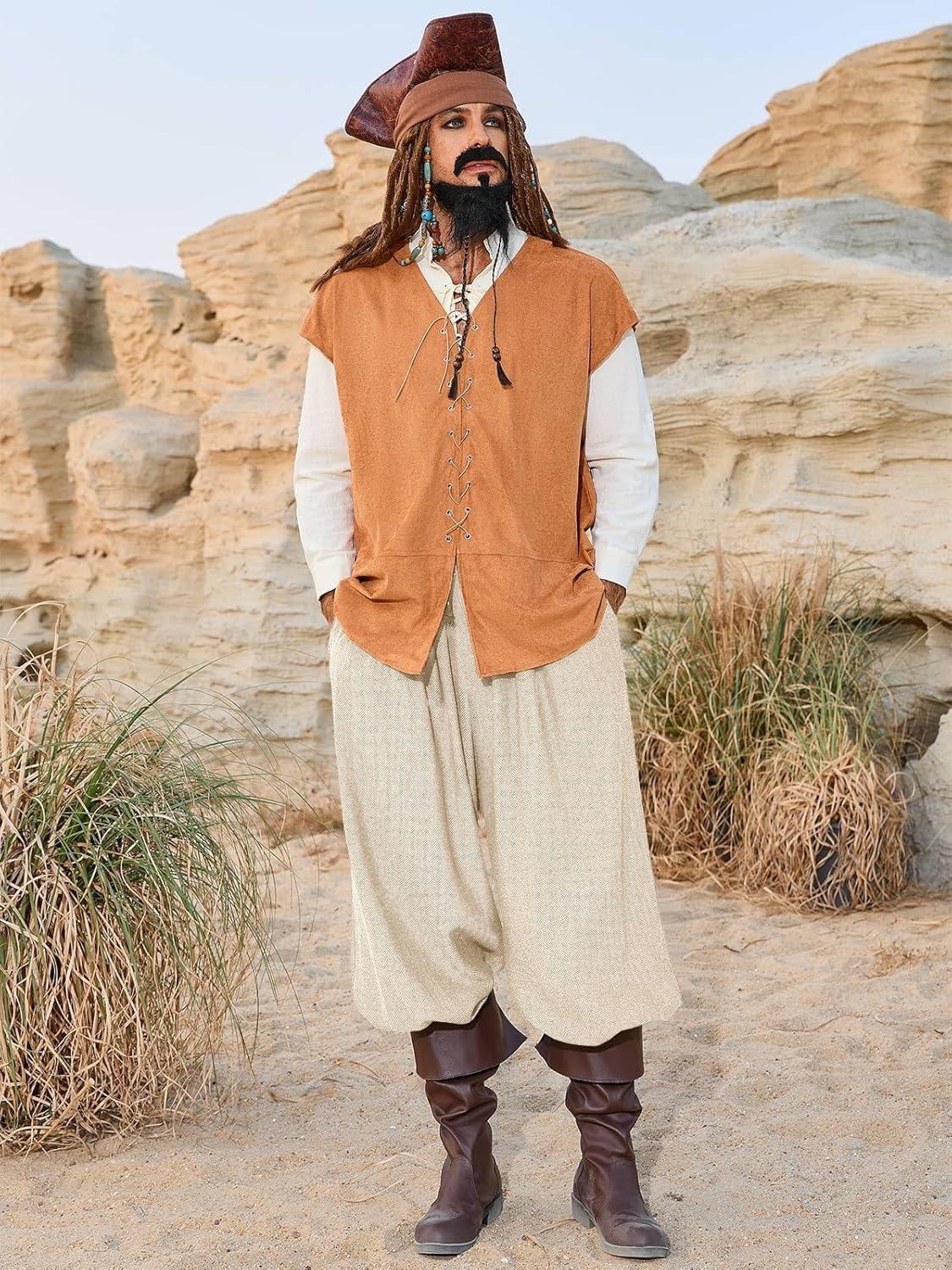 imageRuncati Mens Medieval Renaissance Pants Viking Navigator Baggy Harem Pants Pirate Halloween Retro Costume TrousersApricot