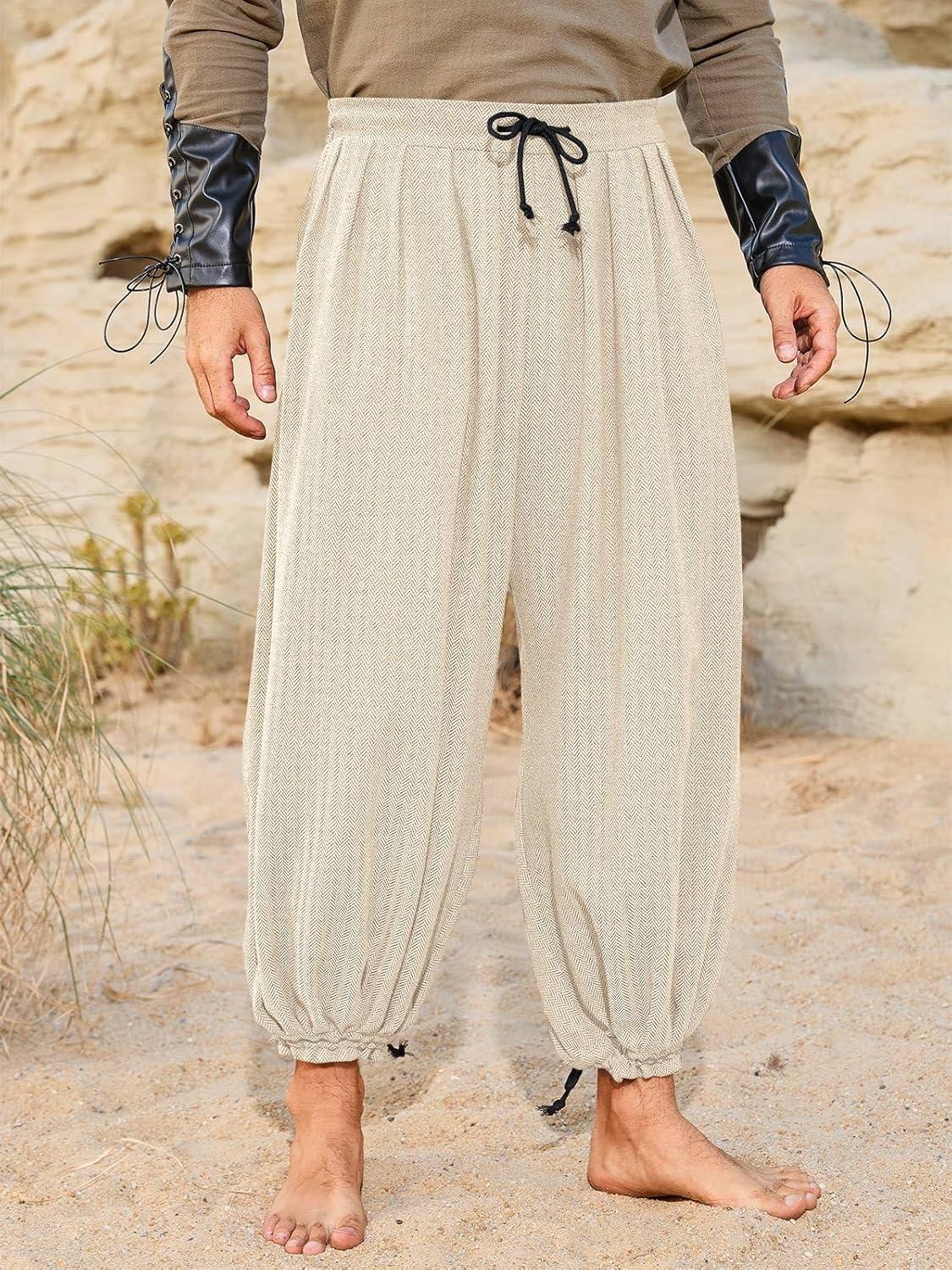 imageRuncati Mens Medieval Renaissance Pants Viking Navigator Baggy Harem Pants Pirate Halloween Retro Costume TrousersApricot