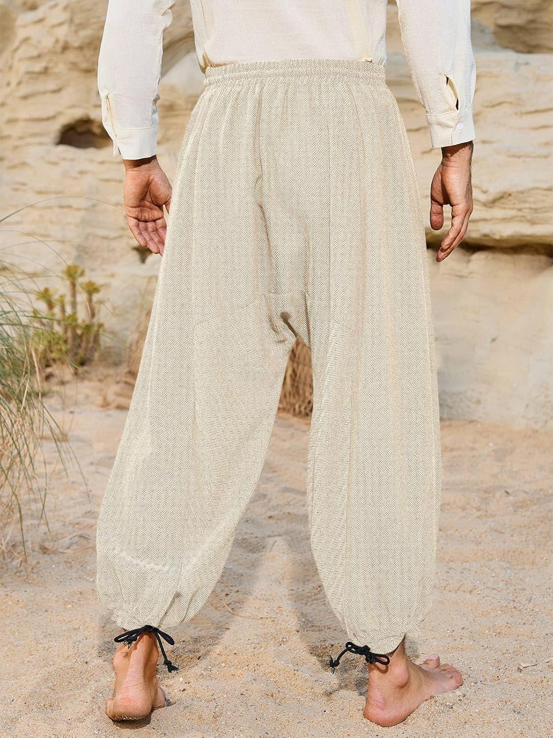 imageRuncati Mens Medieval Renaissance Pants Viking Navigator Baggy Harem Pants Pirate Halloween Retro Costume TrousersApricot