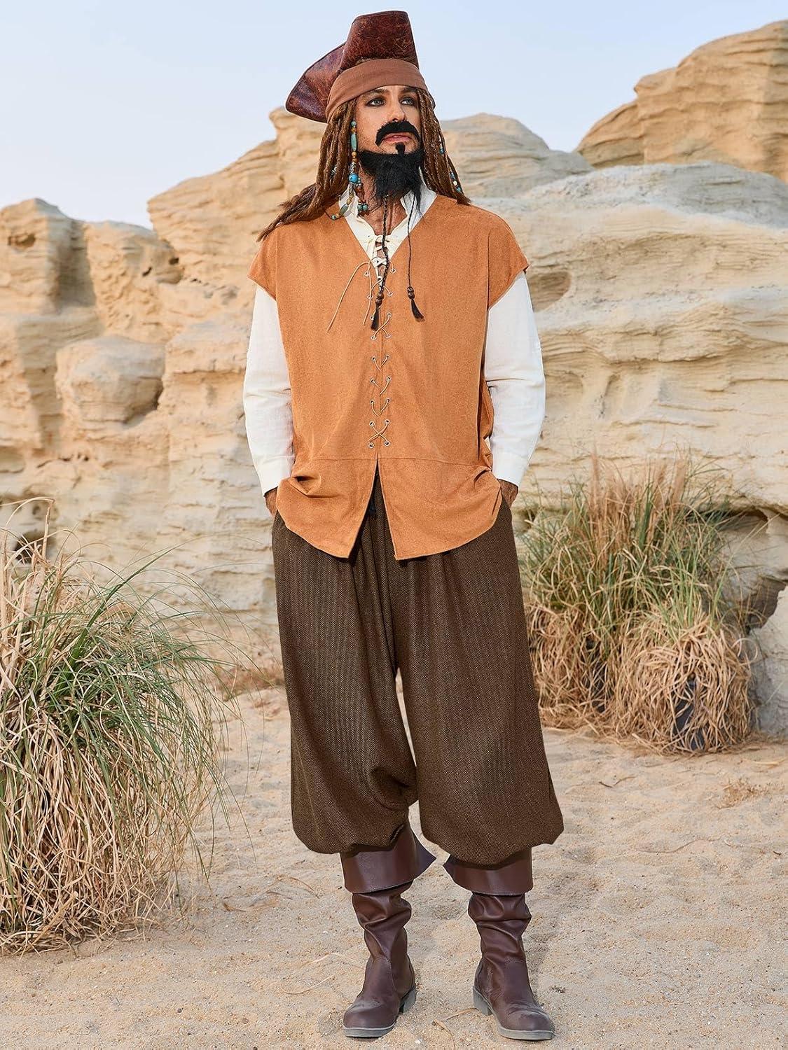 imageRuncati Mens Medieval Renaissance Pants Viking Navigator Baggy Harem Pants Pirate Halloween Retro Costume TrousersBrown