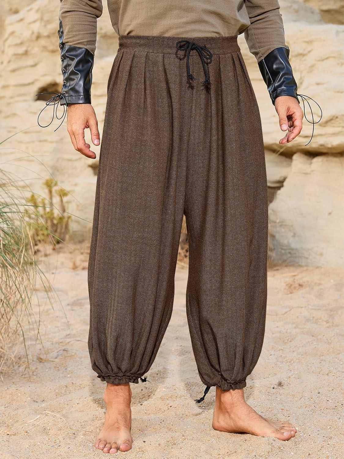 imageRuncati Mens Medieval Renaissance Pants Viking Navigator Baggy Harem Pants Pirate Halloween Retro Costume TrousersBrown