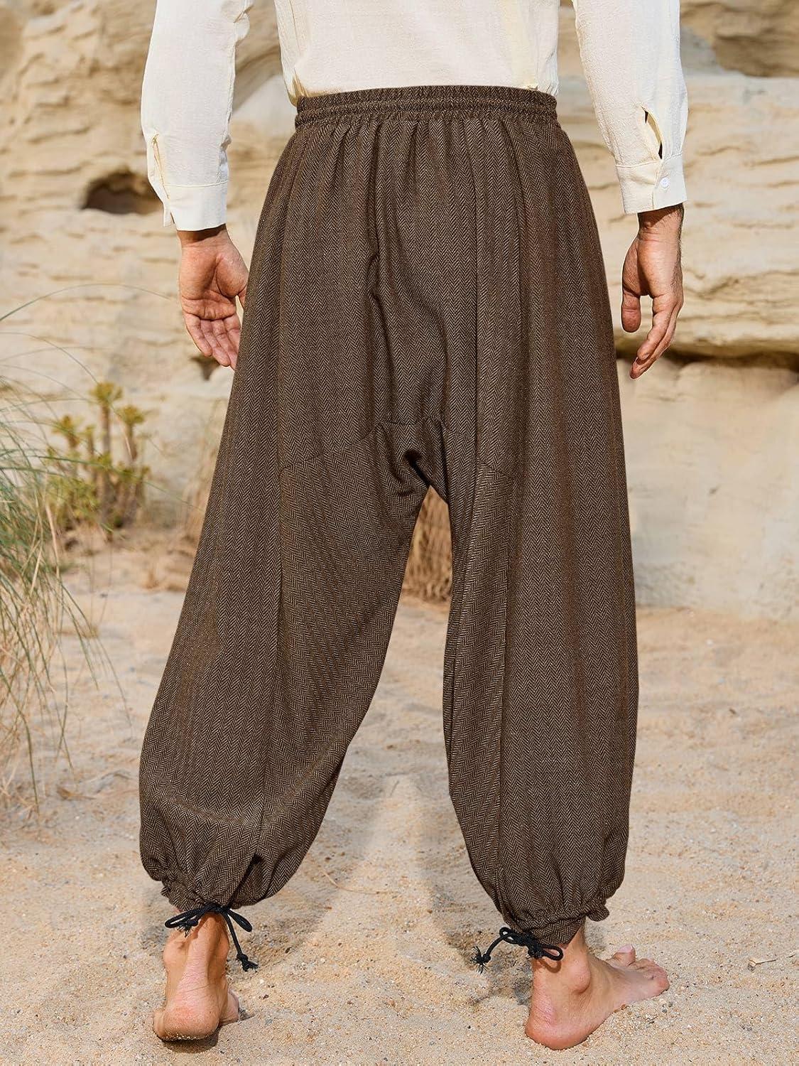 imageRuncati Mens Medieval Renaissance Pants Viking Navigator Baggy Harem Pants Pirate Halloween Retro Costume TrousersBrown