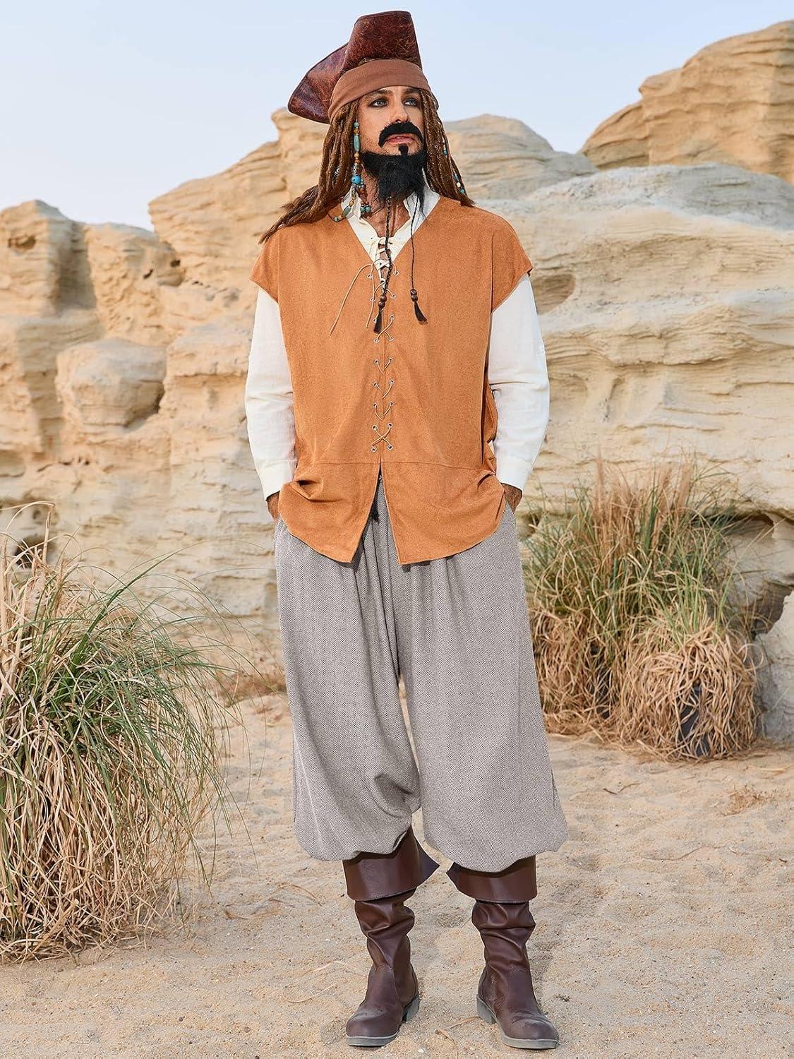 imageRuncati Mens Medieval Renaissance Pants Viking Navigator Baggy Harem Pants Pirate Halloween Retro Costume TrousersKhaki