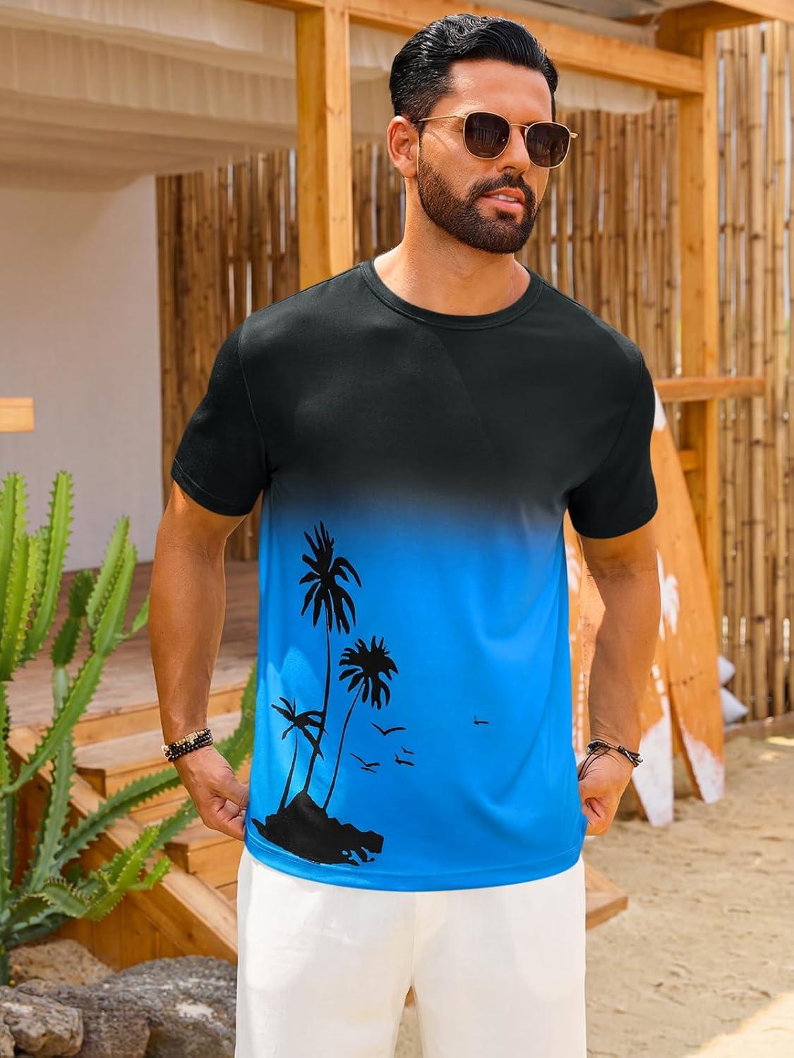 imageRuncati Mens Short Sleeve TShirts Casual Graphic Gradient Printed Tee Crewneck Summer Beach Hawaiian Vintage ShirtsBlue