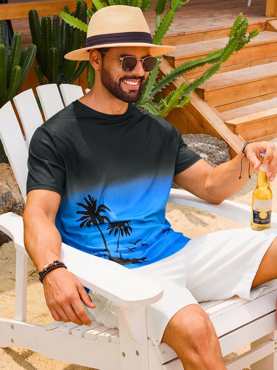 imageRuncati Mens Short Sleeve TShirts Casual Graphic Gradient Printed Tee Crewneck Summer Beach Hawaiian Vintage ShirtsBlue