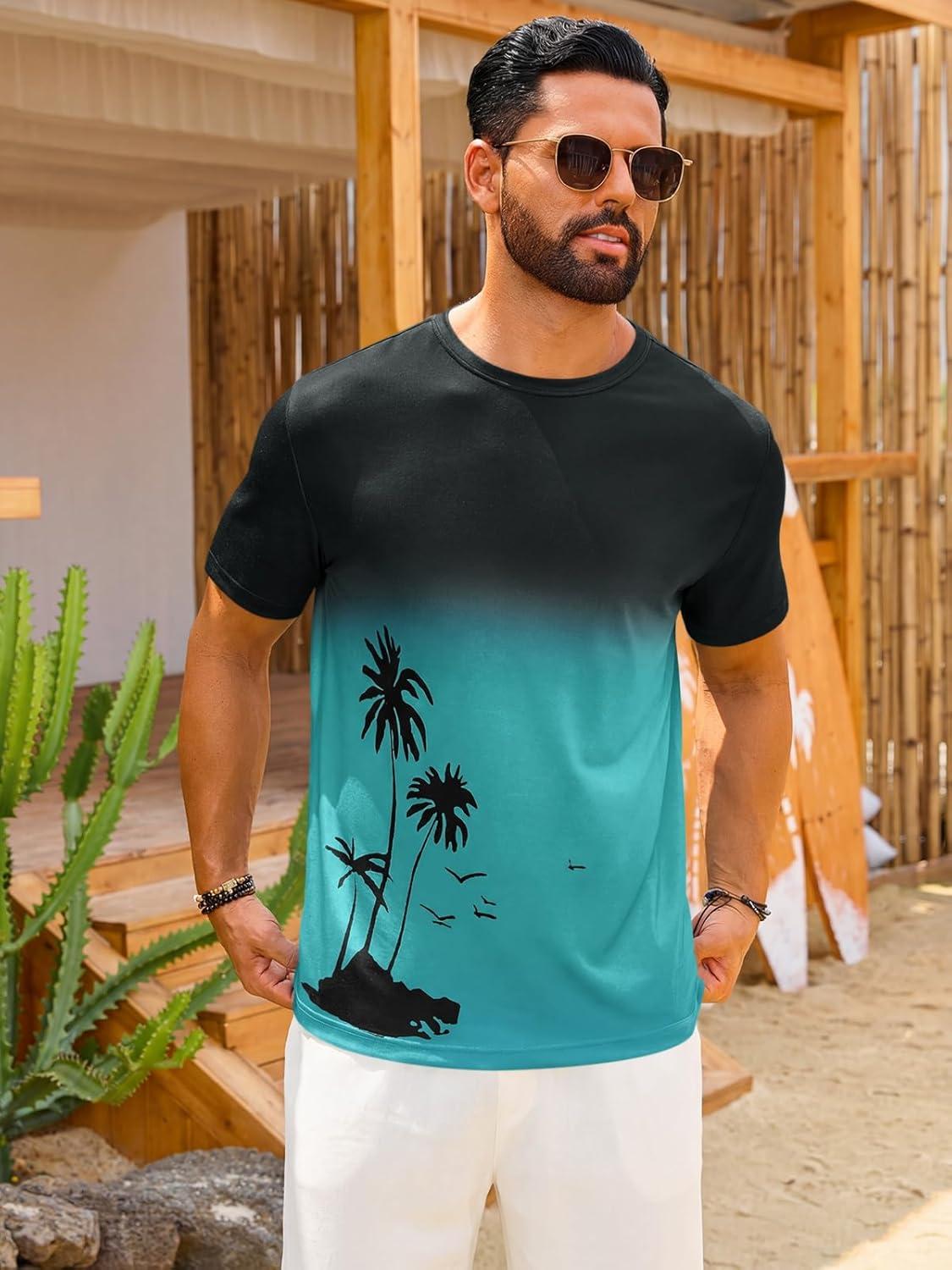 imageRuncati Mens Short Sleeve TShirts Casual Graphic Gradient Printed Tee Crewneck Summer Beach Hawaiian Vintage ShirtsLake Green