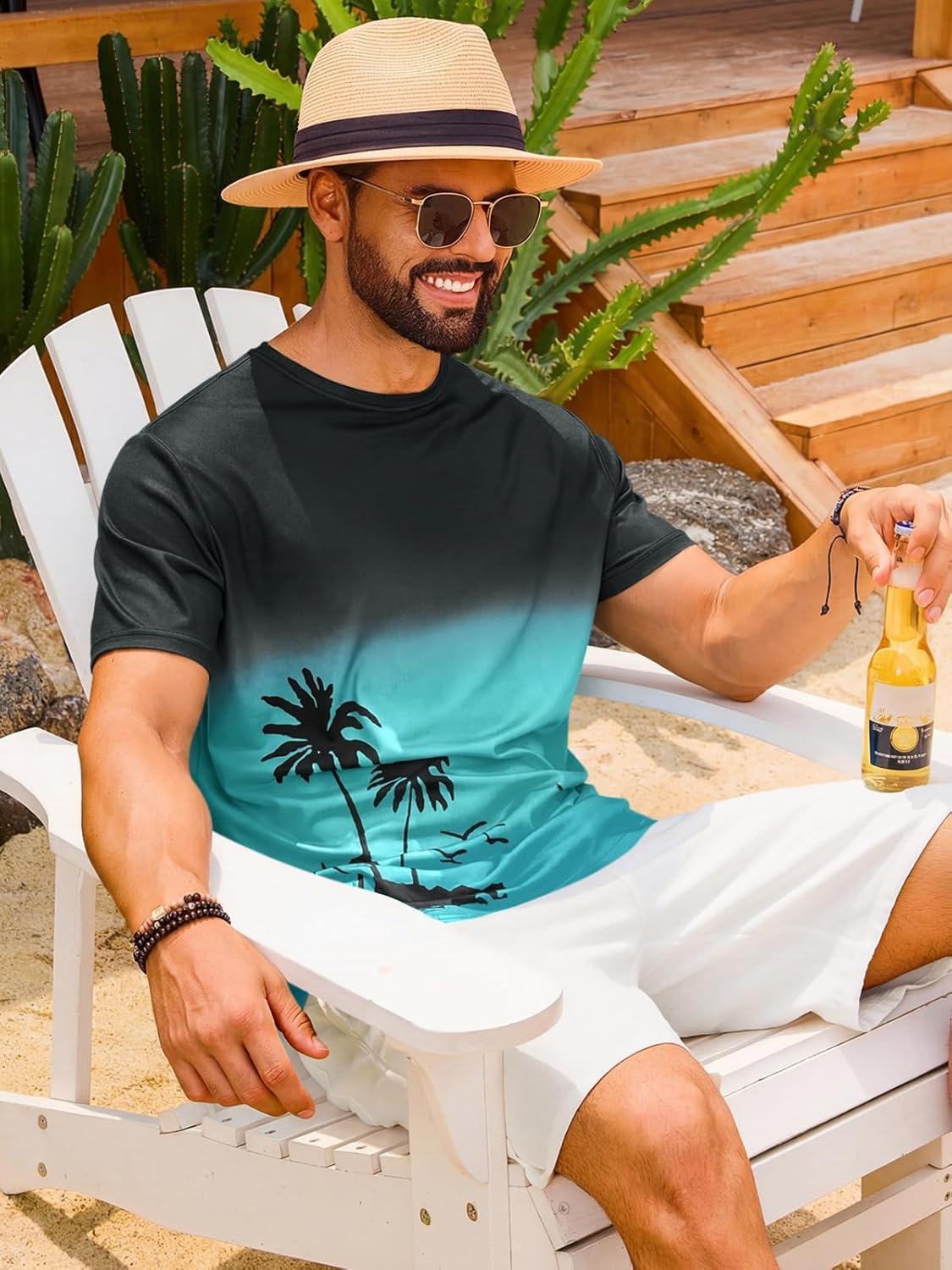imageRuncati Mens Short Sleeve TShirts Casual Graphic Gradient Printed Tee Crewneck Summer Beach Hawaiian Vintage ShirtsLake Green
