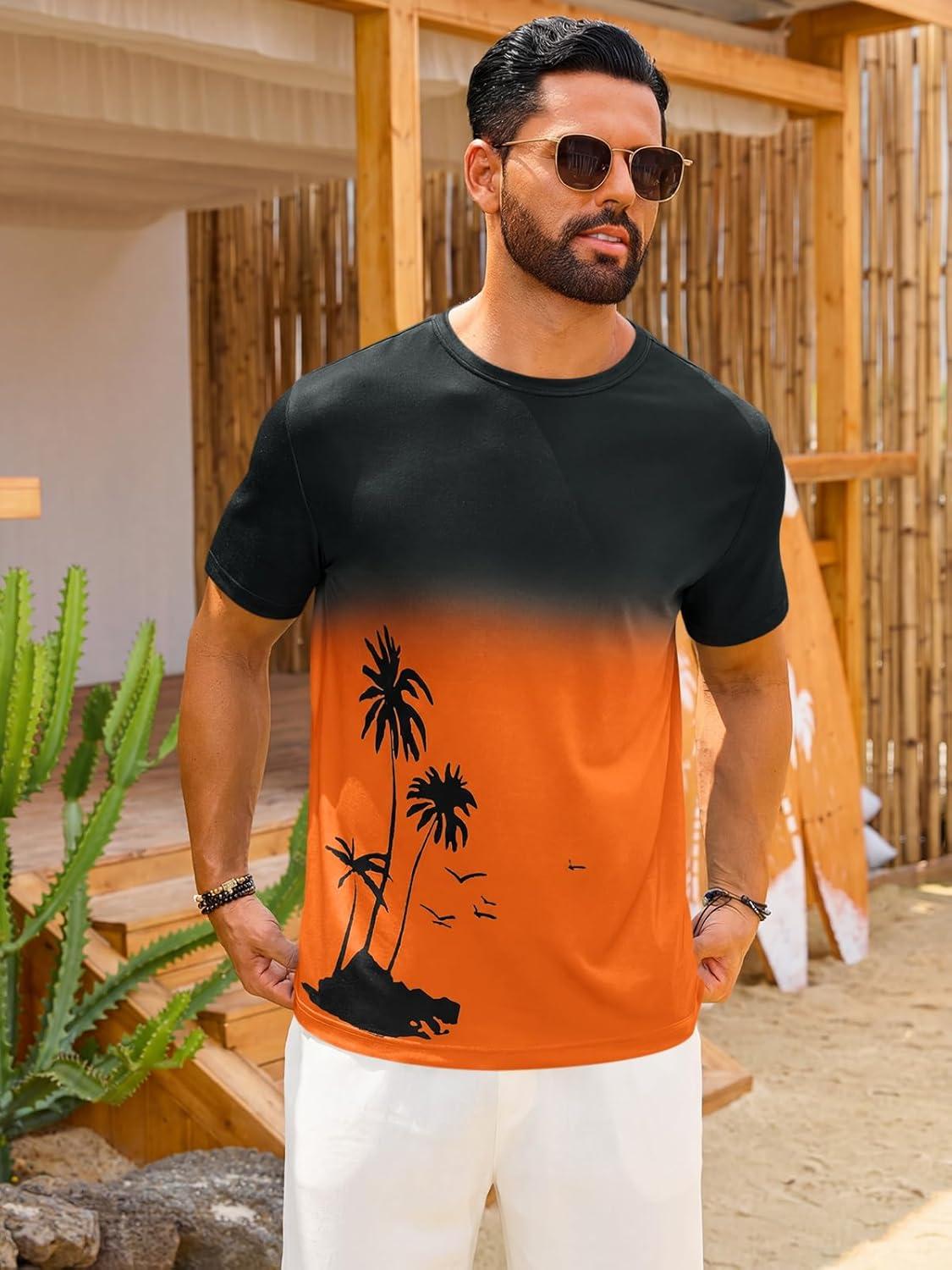 imageRuncati Mens Short Sleeve TShirts Casual Graphic Gradient Printed Tee Crewneck Summer Beach Hawaiian Vintage ShirtsOrange