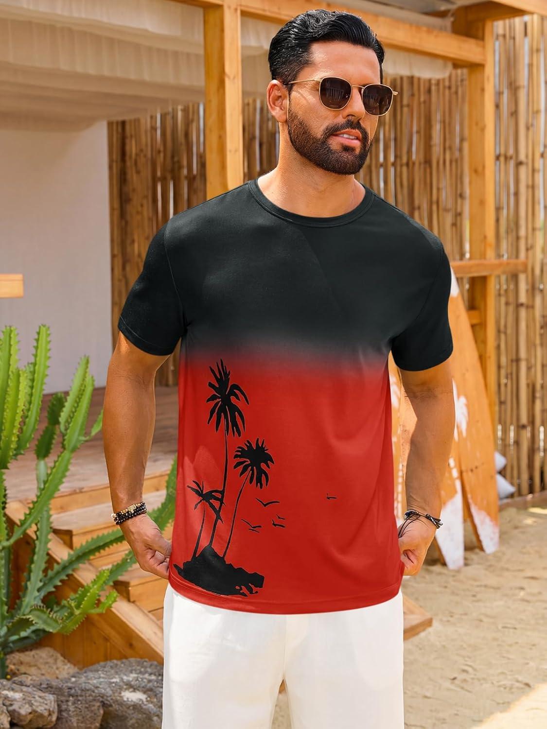 imageRuncati Mens Short Sleeve TShirts Casual Graphic Gradient Printed Tee Crewneck Summer Beach Hawaiian Vintage ShirtsRed