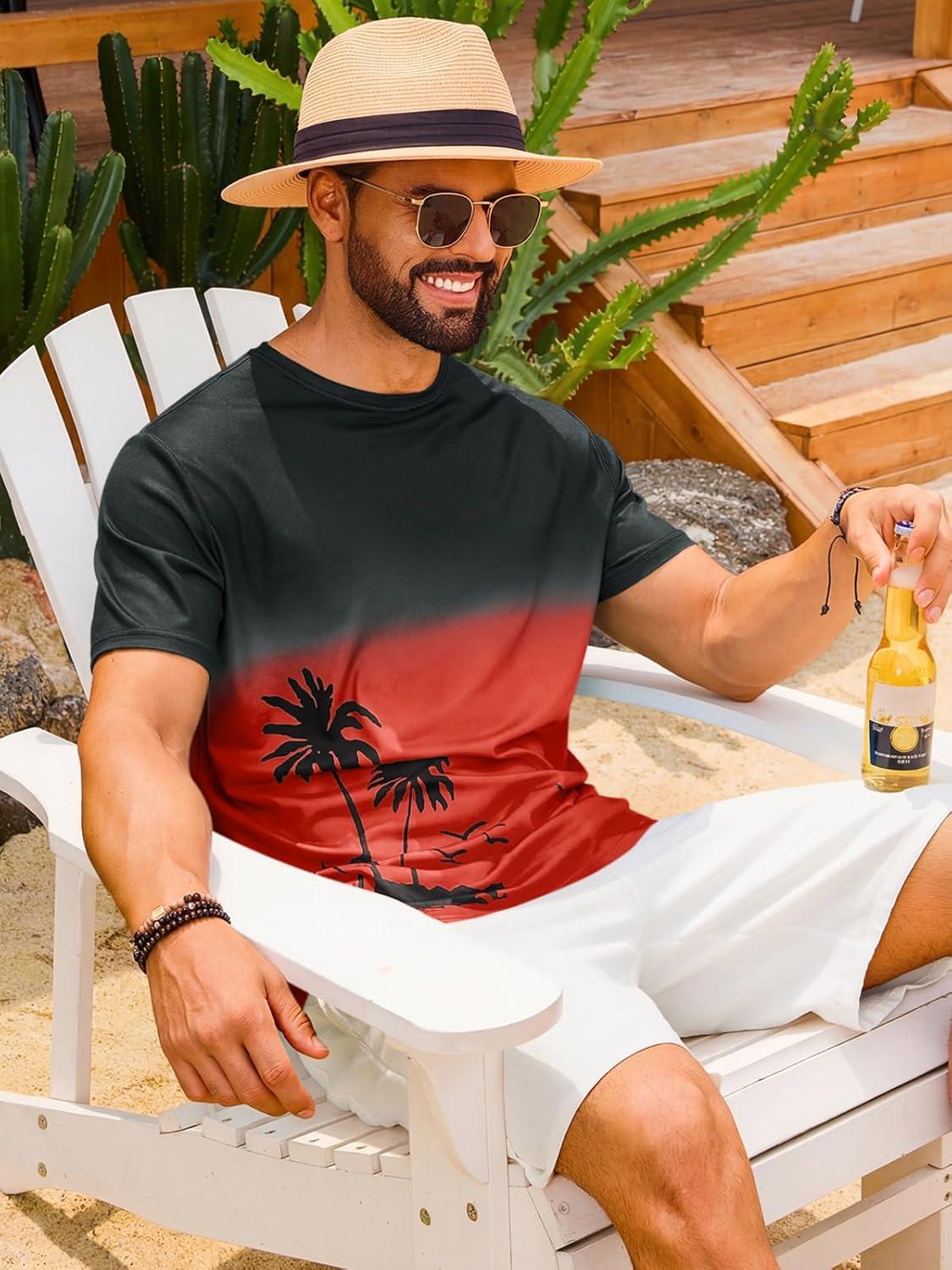 imageRuncati Mens Short Sleeve TShirts Casual Graphic Gradient Printed Tee Crewneck Summer Beach Hawaiian Vintage ShirtsRed