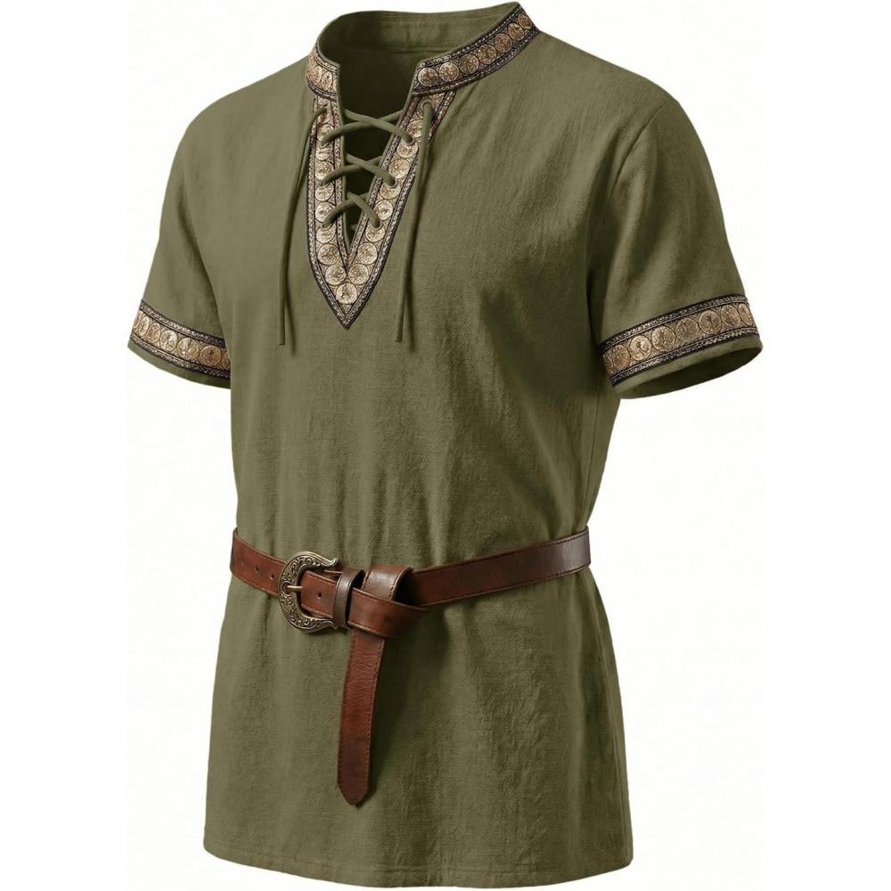 imageRuncati Mens Medieval Pirate Shirt Cotton Lace Up Renaissance Shirts Viking Retro Scottish Halloween Costume TopsArmy Green