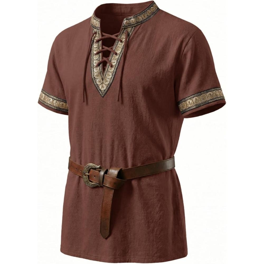 imageRuncati Mens Medieval Pirate Shirt Cotton Lace Up Renaissance Shirts Viking Retro Scottish Halloween Costume TopsCoffee