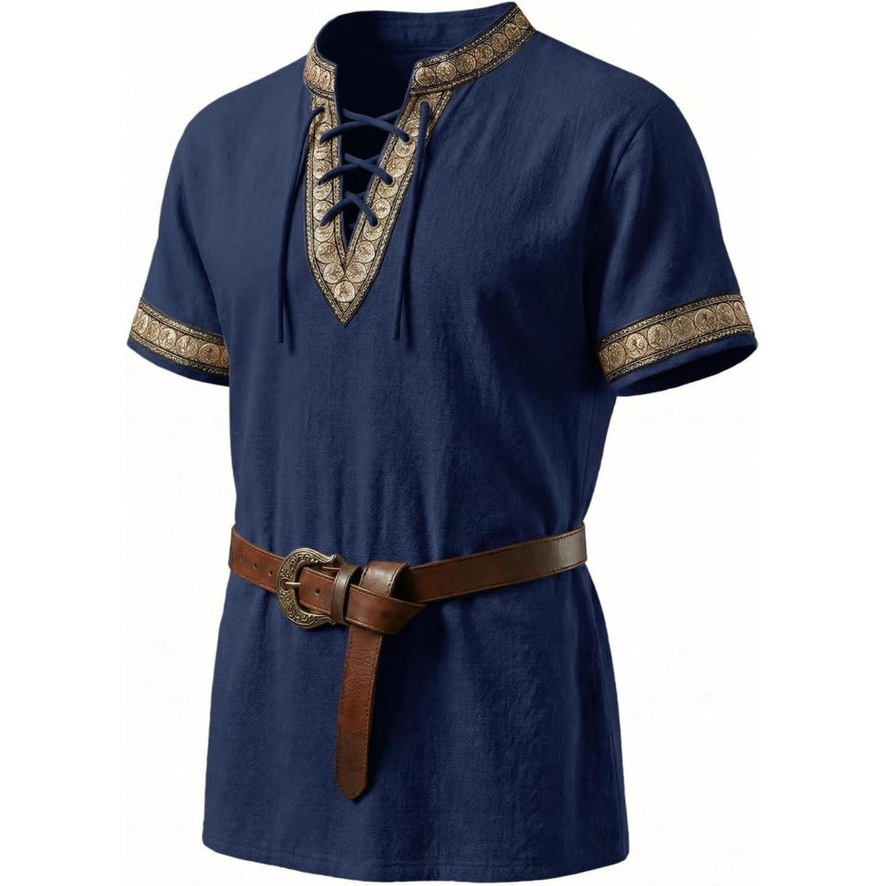 imageRuncati Mens Medieval Pirate Shirt Cotton Lace Up Renaissance Shirts Viking Retro Scottish Halloween Costume TopsNavy
