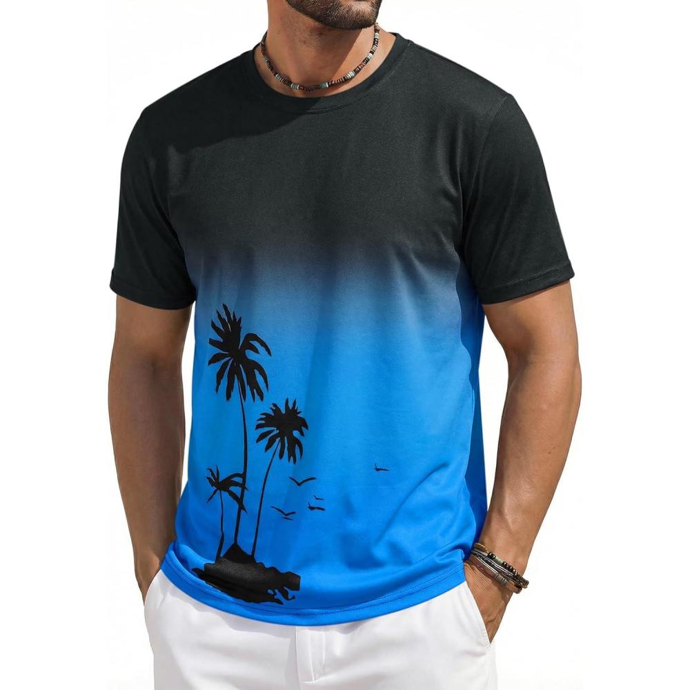 imageRuncati Mens Short Sleeve TShirts Casual Graphic Gradient Printed Tee Crewneck Summer Beach Hawaiian Vintage ShirtsBlue