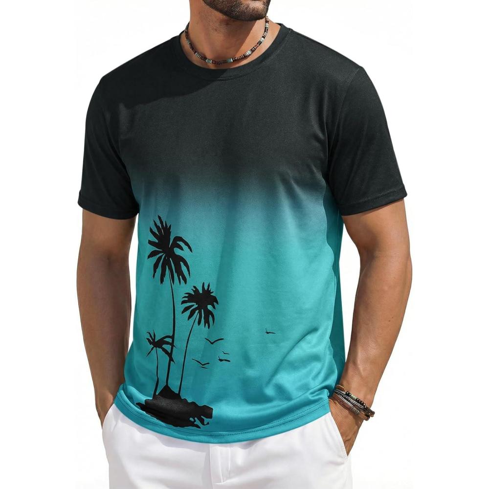 imageRuncati Mens Short Sleeve TShirts Casual Graphic Gradient Printed Tee Crewneck Summer Beach Hawaiian Vintage ShirtsLake Green