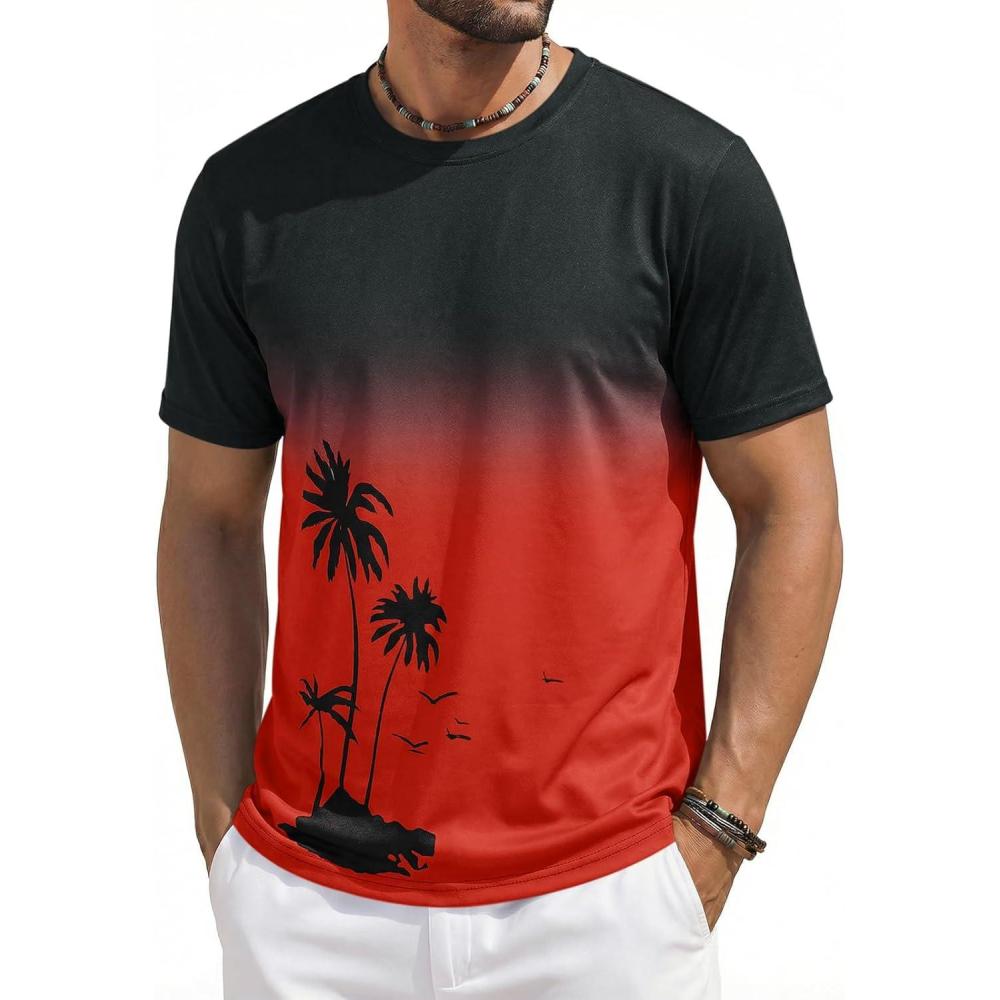imageRuncati Mens Short Sleeve TShirts Casual Graphic Gradient Printed Tee Crewneck Summer Beach Hawaiian Vintage ShirtsRed