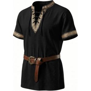 Runcati Mens Medieval Pirate Shirt Cotton Lace Up Renaissance Shirts Viking Retro Scottish Halloween Costume Tops(Black)