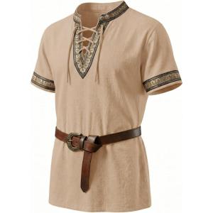 Runcati Mens Medieval Pirate Shirt Cotton Lace Up Renaissance Shirts Viking Retro Scottish Halloween Costume Tops(Khaki)