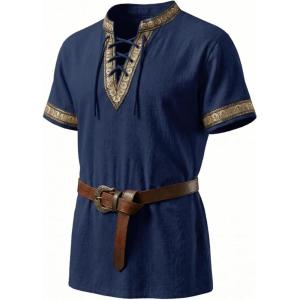 Runcati Mens Medieval Pirate Shirt Cotton Lace Up Renaissance Shirts Viking Retro Scottish Halloween Costume Tops(Navy)