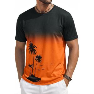 Runcati Mens Short Sleeve T-Shirts Casual Graphic Gradient Printed Tee Crewneck Summer Beach Hawaiian Vintage Shirts(Orange)