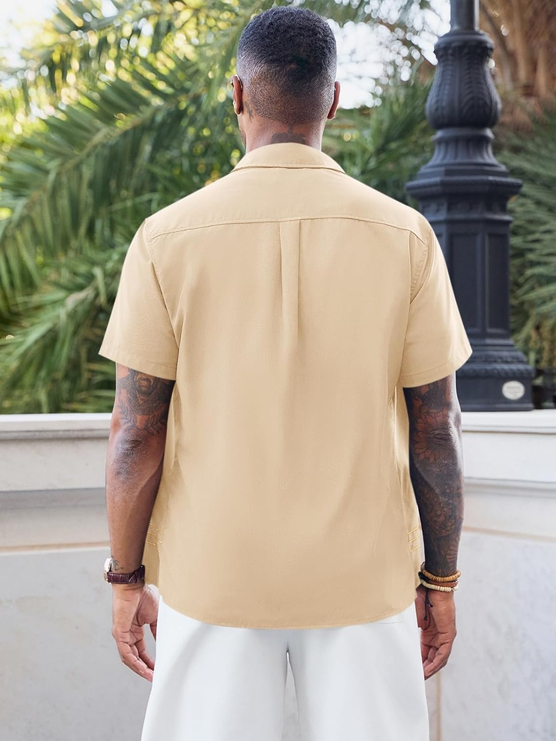 imageRuncati Mens Cuban Guayabera Shirt Short Sleeve Button Down Shirts Casual Linen Summer Beach Vacation TopsApricot