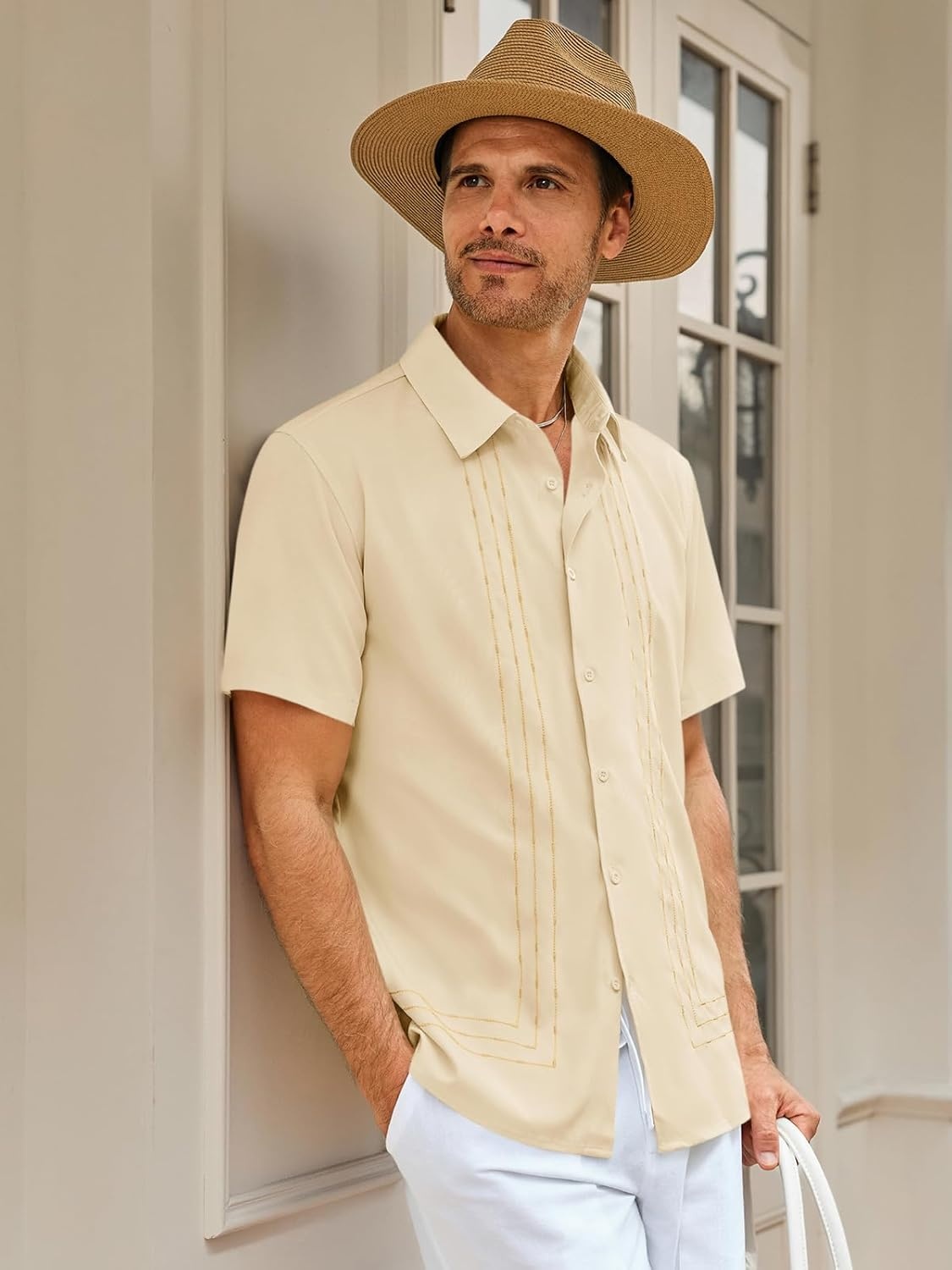 imageRuncati Mens Cuban Guayabera Shirt Short Sleeve Button Down Shirts Casual Linen Summer Beach Vacation TopsApricot