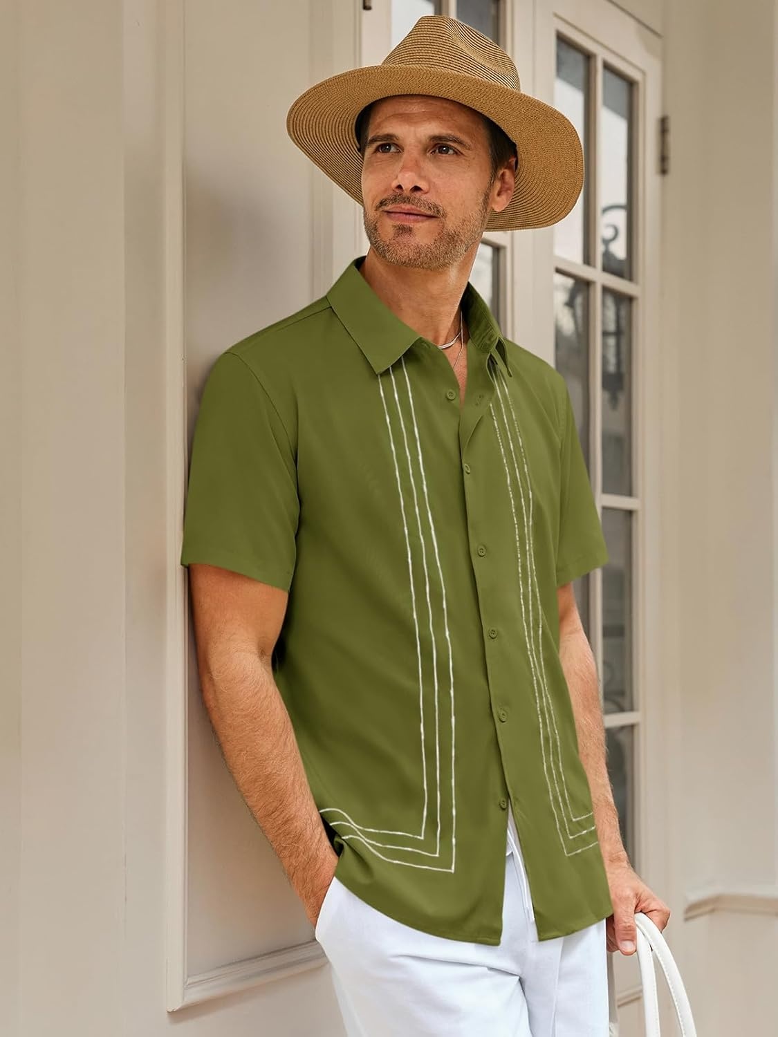 imageRuncati Mens Cuban Guayabera Shirt Short Sleeve Button Down Shirts Casual Linen Summer Beach Vacation TopsArmy Green