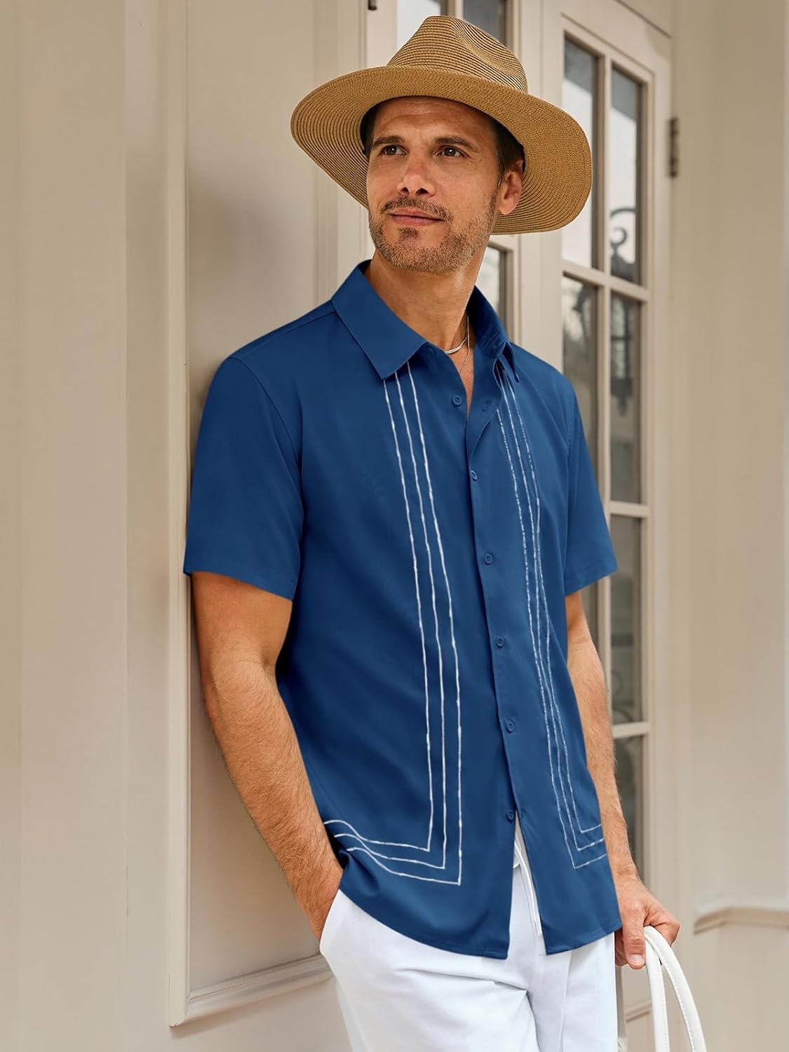 imageRuncati Mens Cuban Guayabera Shirt Short Sleeve Button Down Shirts Casual Linen Summer Beach Vacation TopsDark Blue